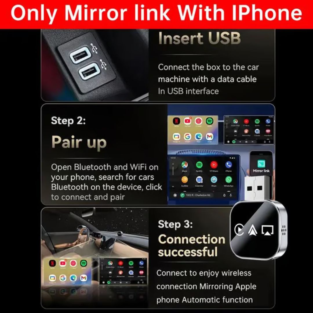 2026 Upgrade 3 in 1 Wireless Carplay Mirror Link Adapter for iPhone/Apple/Android Phone, wired to wireless Carplay adapter