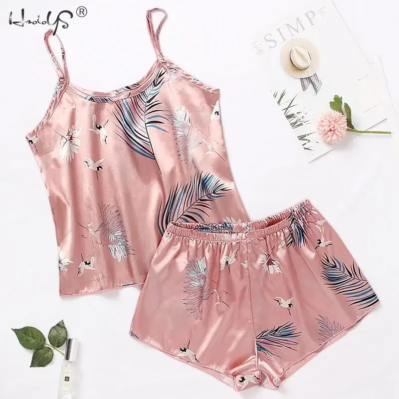 Women's Sleepwear Sexy Satin Pajama Set Cartoon Printing Pyjamas Sleeveless Cute Cami Top and Shorts