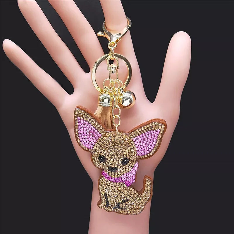 Cute Chihuahua Dog Crystal Keychain Bag Accessories for Women Gold Color Female Keyring Jewelry llaveros para mujer K7326S01