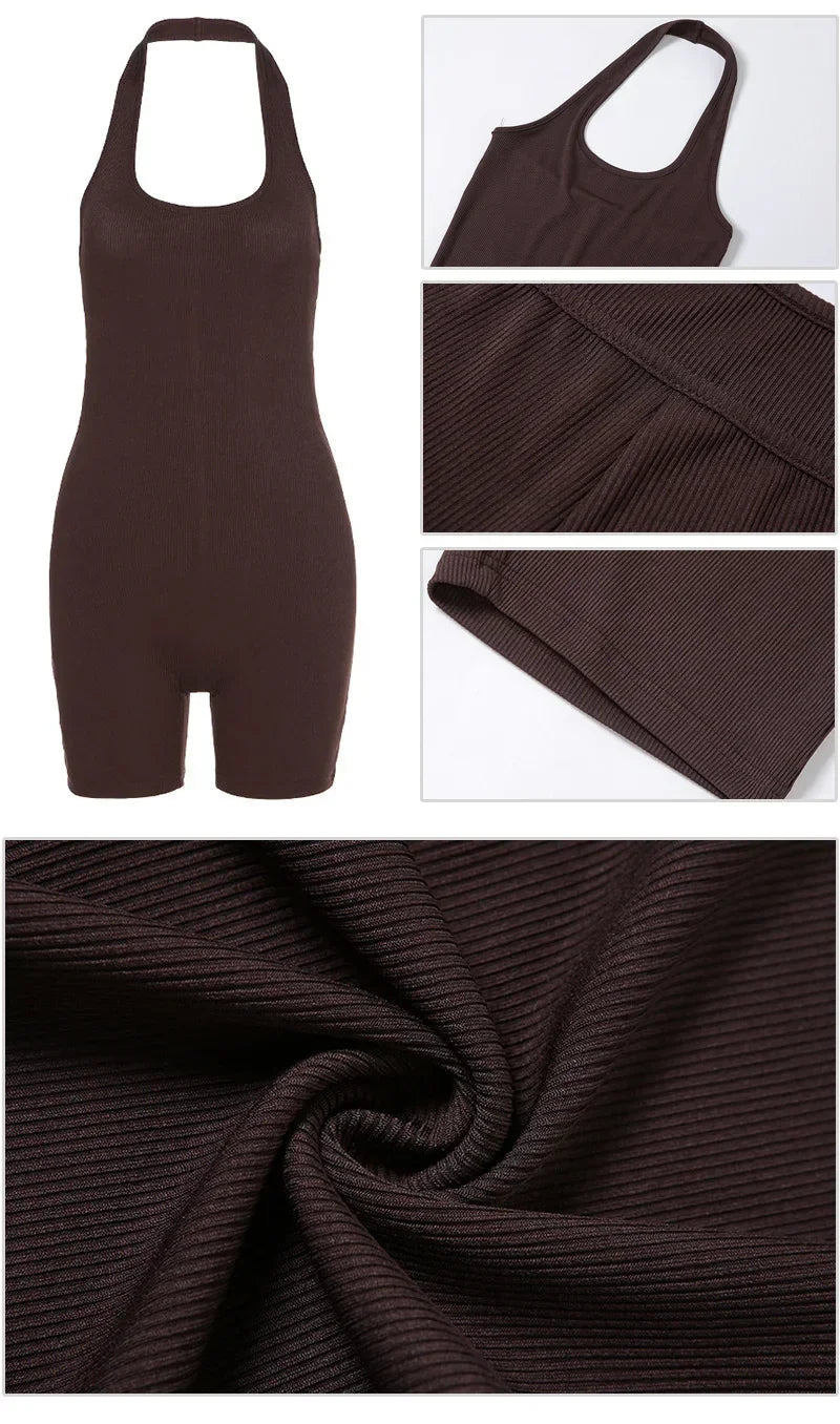 OEM Sleeveless Rib Knitted Bodycon Jumpsuits Women 2021 Casual Sport Short Rompers Ladies Black Spring Autumn Fitness Outfits