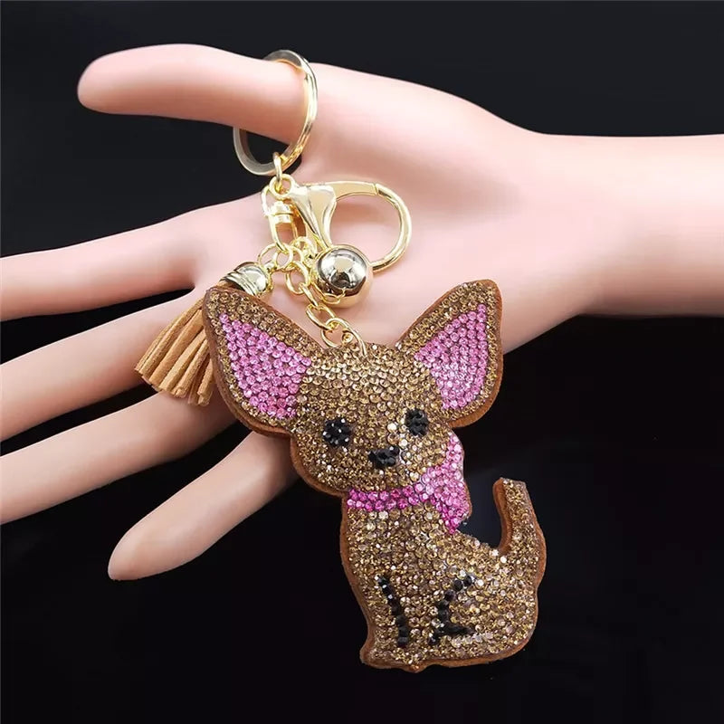 Cute Chihuahua Dog Crystal Keychain Bag Accessories for Women Gold Color Female Keyring Jewelry llaveros para mujer K7326S01