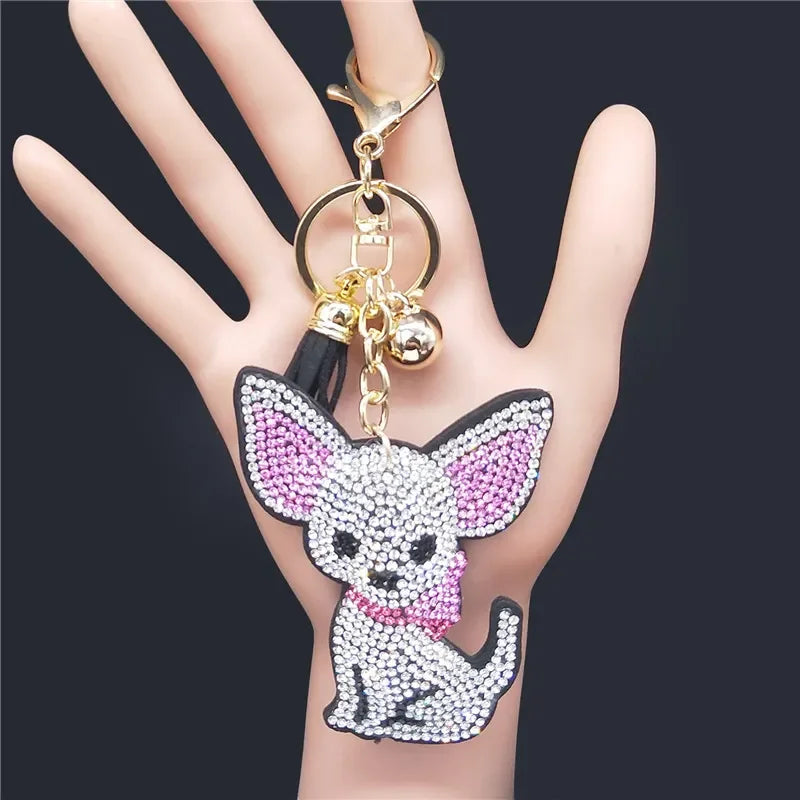 Cute Chihuahua Dog Crystal Keychain Bag Accessories for Women Gold Color Female Keyring Jewelry llaveros para mujer K7326S01