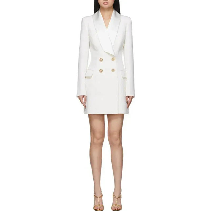 Designer Satin Notched Collar Blazer Dress With Metal Buttons
