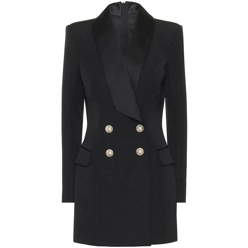 Designer Satin Notched Collar Blazer Dress With Metal Buttons