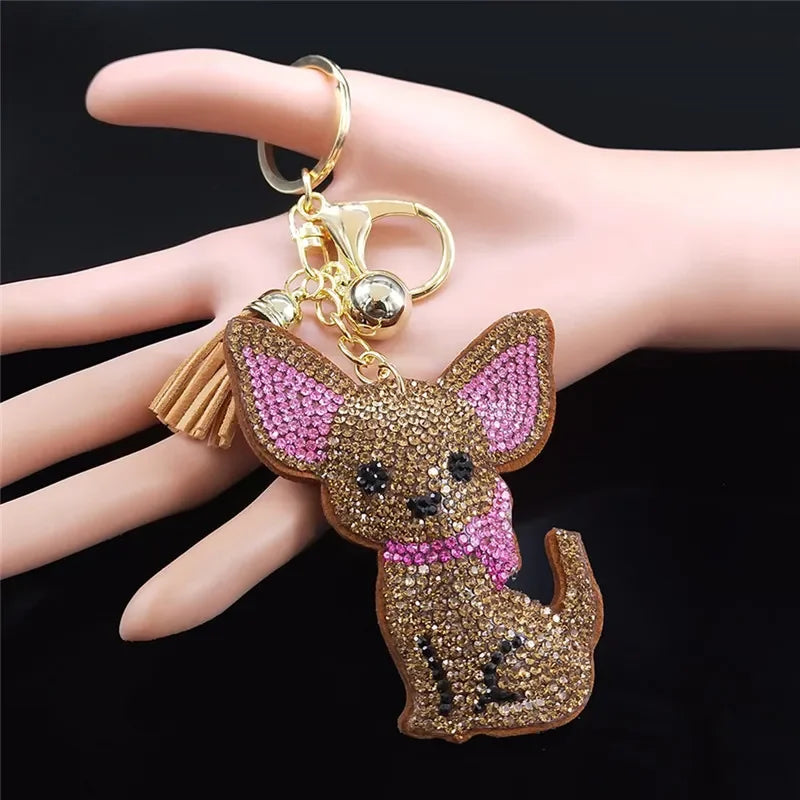 Cute Chihuahua Dog Crystal Keychain Bag Accessories for Women Gold Color Female Keyring Jewelry llaveros para mujer K7326S01