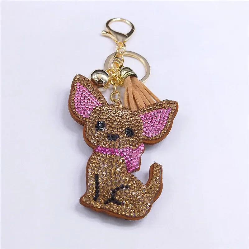 Cute Chihuahua Dog Crystal Keychain Bag Accessories for Women Gold Color Female Keyring Jewelry llaveros para mujer K7326S01