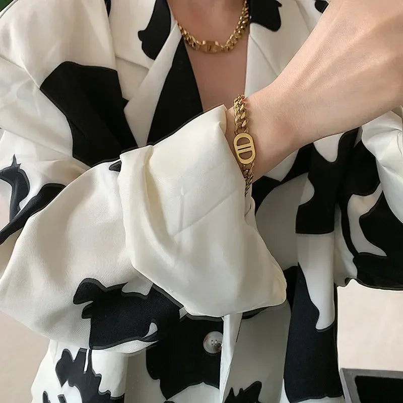 Cocoguchi golden color Thick Letter  Titanium Steel Necklace & Bracelet for Women four sealsonal wearage popular fashion jewelry