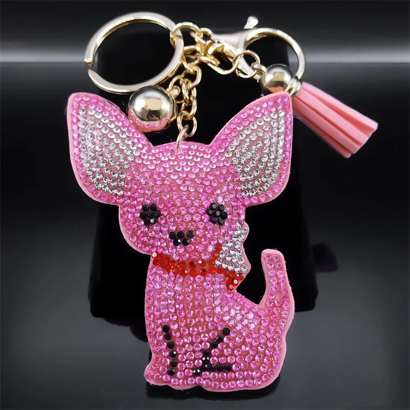 Cute Chihuahua Dog Crystal Keychain Bag Accessories for Women Gold Color Female Keyring Jewelry llaveros para mujer K7326S01