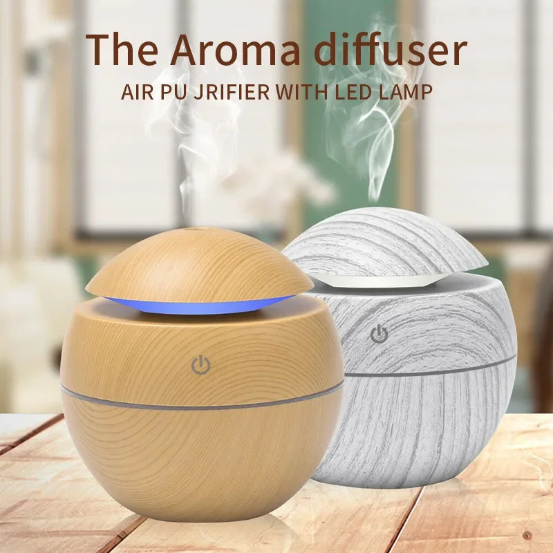 USB Aromatherapy Cool Mist Maker Dorm Room Essentials Wooden Grain Humidifier Colorful Night Light Diffuser