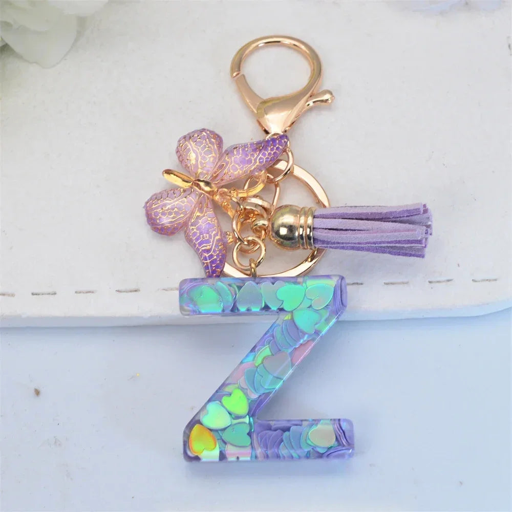 Purple Sequin Filled Name Keychain Butterfly Tassel 26 Alphabet Initials Keyrings Purse Wallet Handbag Ornament Women Girls Gift