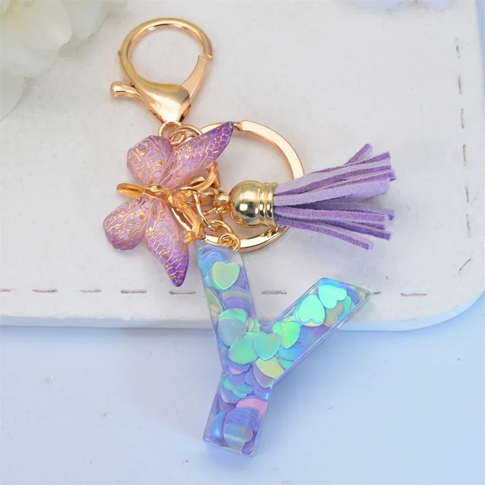Purple Sequin Filled Name Keychain Butterfly Tassel 26 Alphabet Initials Keyrings Purse Wallet Handbag Ornament Women Girls Gift