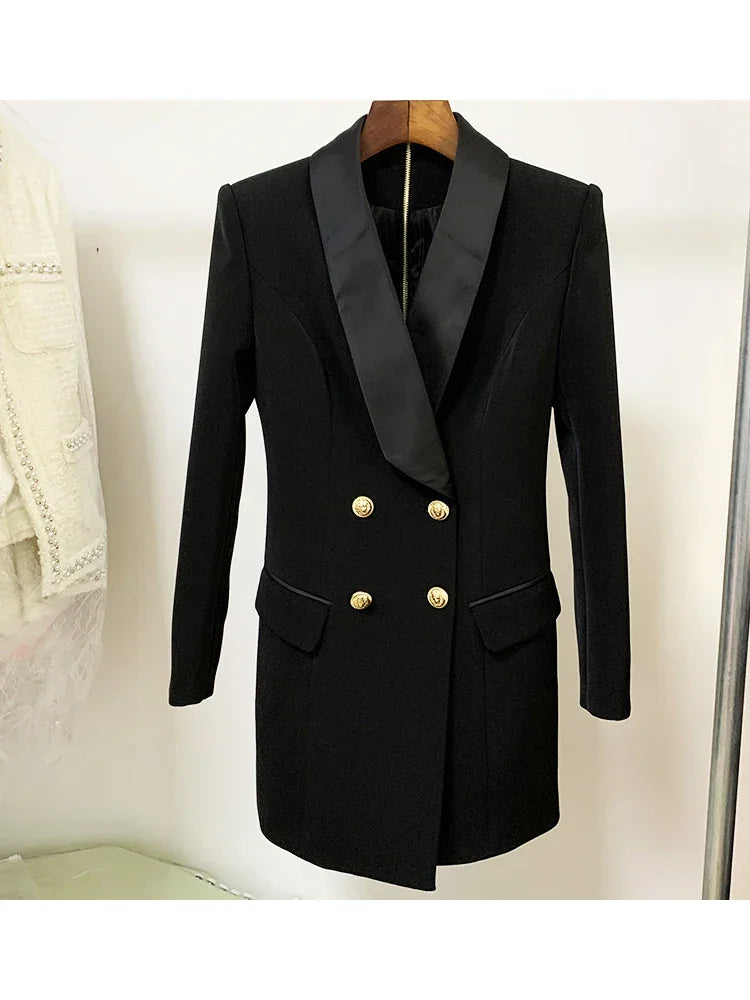 Designer Satin Notched Collar Blazer Dress With Metal Buttons