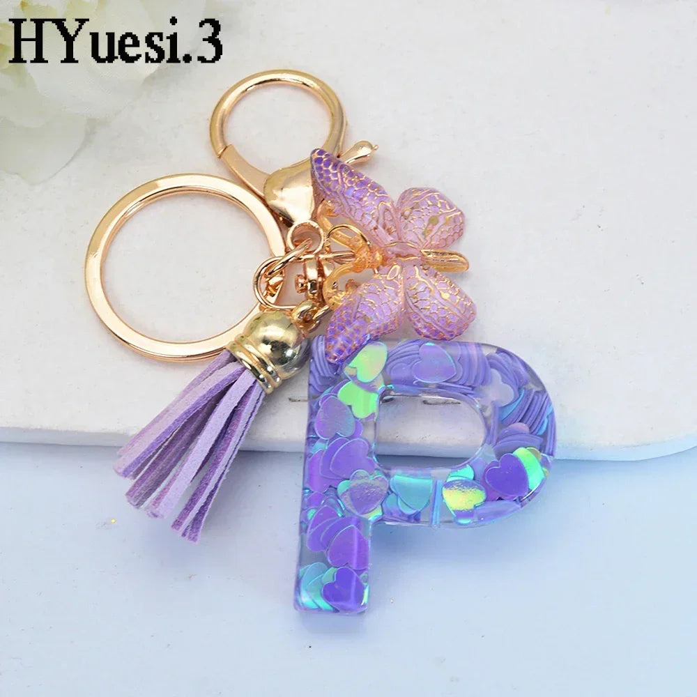 Purple Sequin Filled Name Keychain Butterfly Tassel 26 Alphabet Initials Keyrings Purse Wallet Handbag Ornament Women Girls Gift