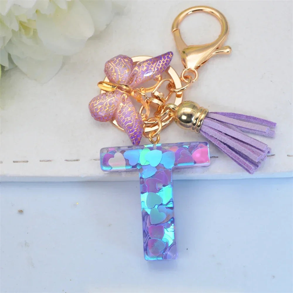 Purple Sequin Filled Name Keychain Butterfly Tassel 26 Alphabet Initials Keyrings Purse Wallet Handbag Ornament Women Girls Gift