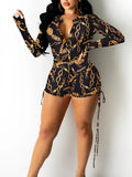 Chic Chain Print Sexy V Neck Long Sleeve Rompers Women Playsuit Skinny One Piece Outfits