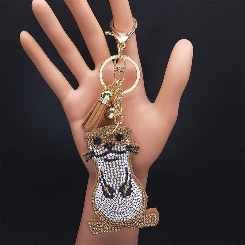 Cute Chihuahua Dog Crystal Keychain Bag Accessories for Women Gold Color Female Keyring Jewelry llaveros para mujer K7326S01