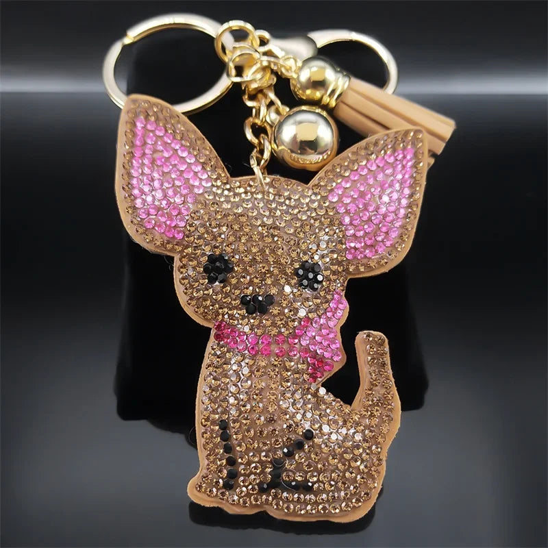 Cute Chihuahua Dog Crystal Keychain Bag Accessories for Women Gold Color Female Keyring Jewelry llaveros para mujer K7326S01