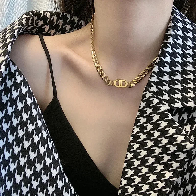 Cocoguchi golden color Thick Letter  Titanium Steel Necklace & Bracelet for Women four sealsonal wearage popular fashion jewelry