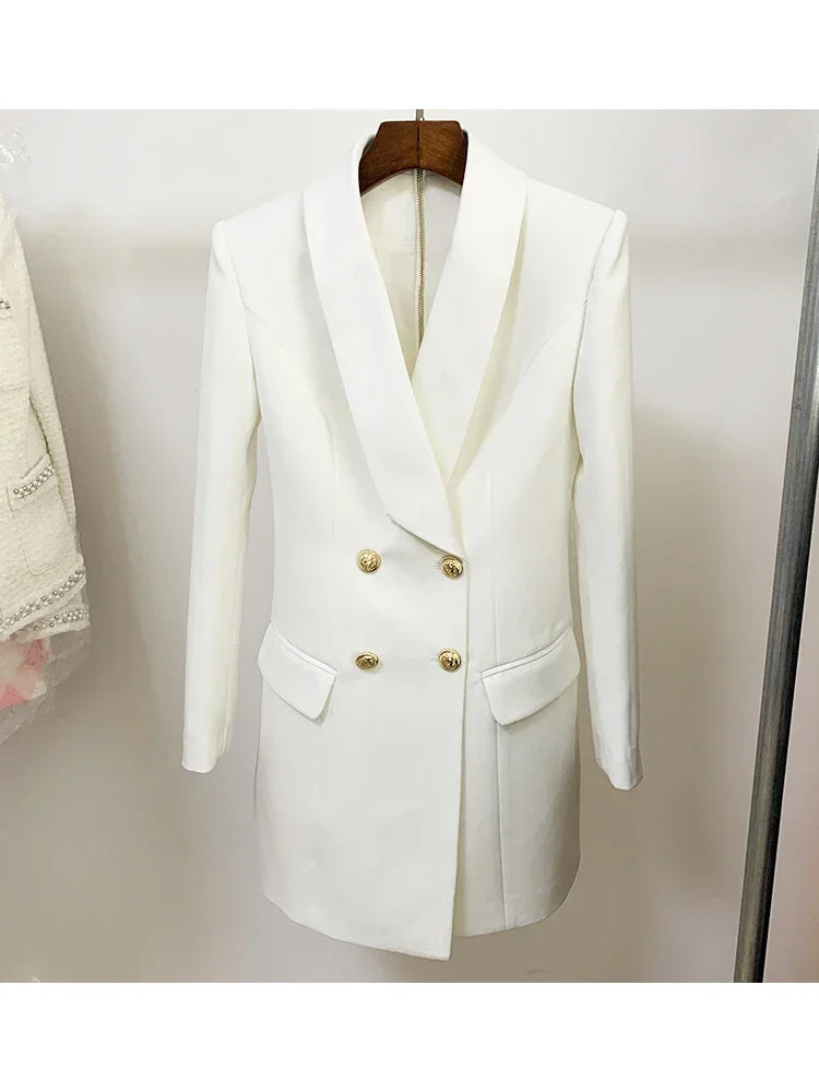 Designer Satin Notched Collar Blazer Dress With Metal Buttons