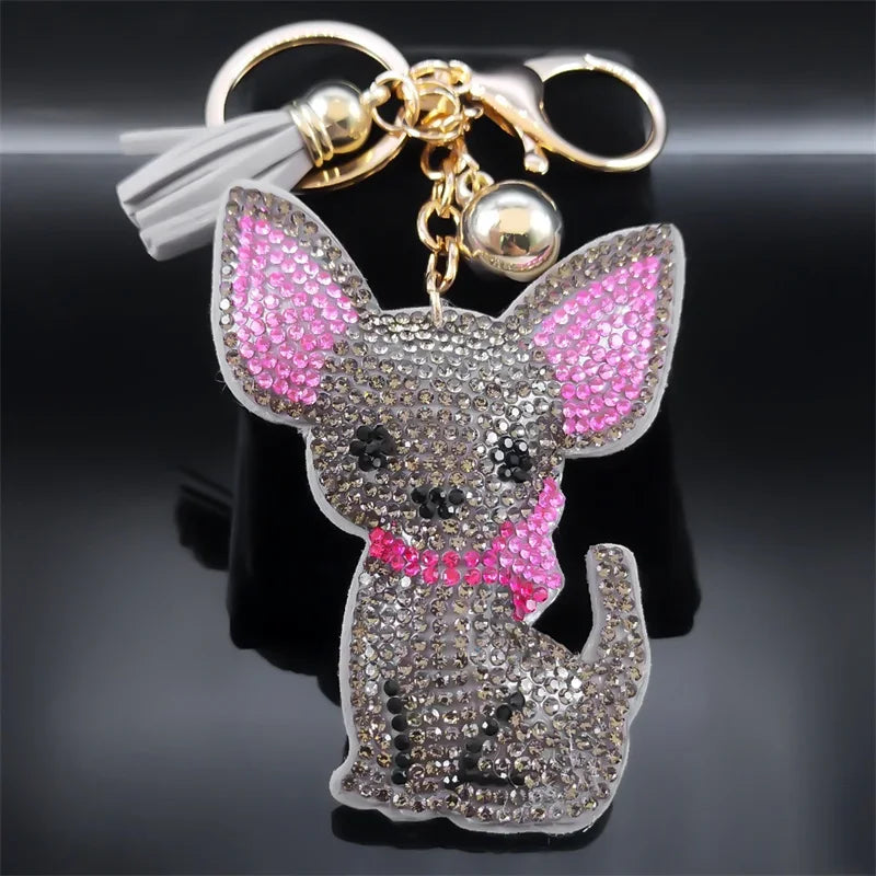 Cute Chihuahua Dog Crystal Keychain Bag Accessories for Women Gold Color Female Keyring Jewelry llaveros para mujer K7326S01
