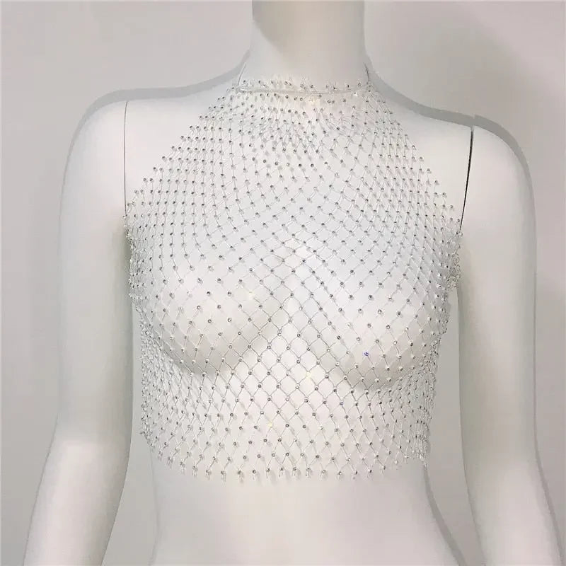 Fishnet Glitter Rhinestone Crop Top Sexy Hollow Out Mesh Sheer Women Beach Y2K Camis Crystal Diamond Club Rave Party Tank Tops