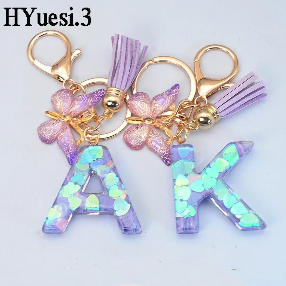 Purple Sequin Filled Name Keychain Butterfly Tassel 26 Alphabet Initials Keyrings Purse Wallet Handbag Ornament Women Girls Gift