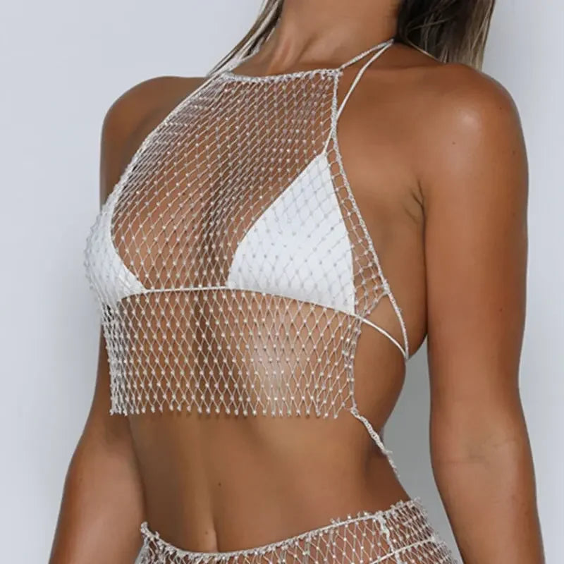 Fishnet Glitter Rhinestone Crop Top Sexy Hollow Out Mesh Sheer Women Beach Y2K Camis Crystal Diamond Club Rave Party Tank Tops