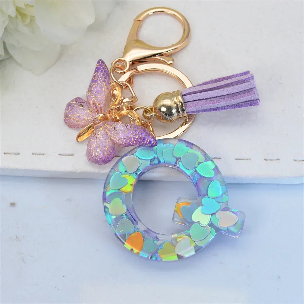 Purple Sequin Filled Name Keychain Butterfly Tassel 26 Alphabet Initials Keyrings Purse Wallet Handbag Ornament Women Girls Gift