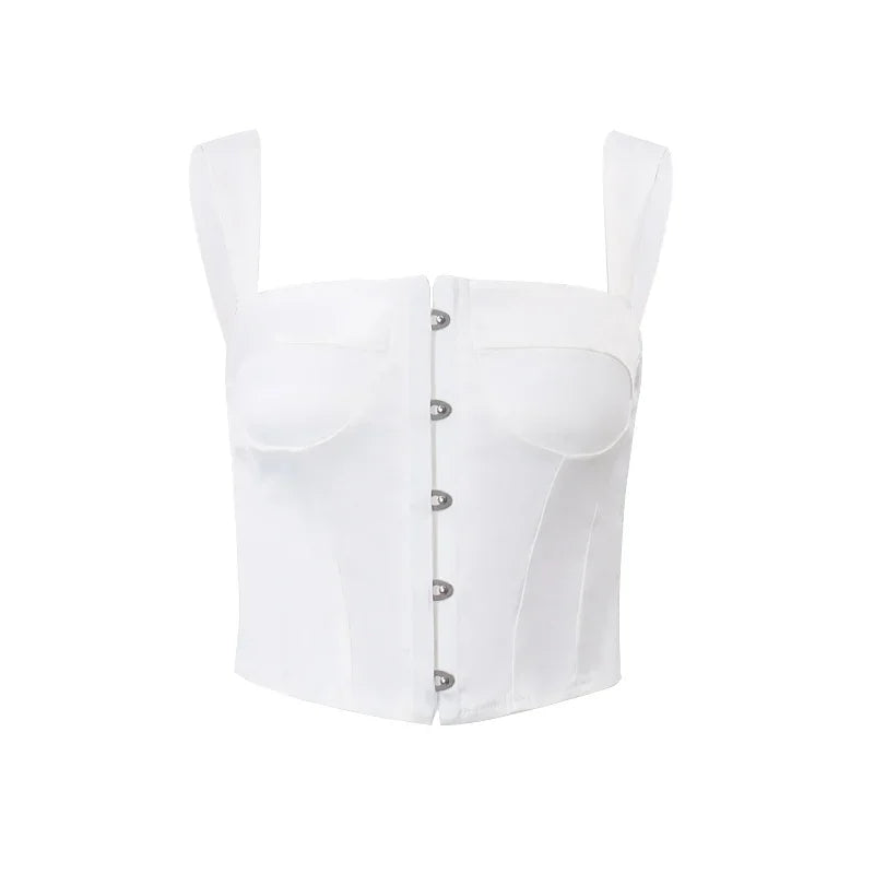 WhereMery Solid Hook Button Satin Tank Top Y2K Tight Square-neck Summer Crop Tops Elegant Sleeveless Exposed Navel Street Camis