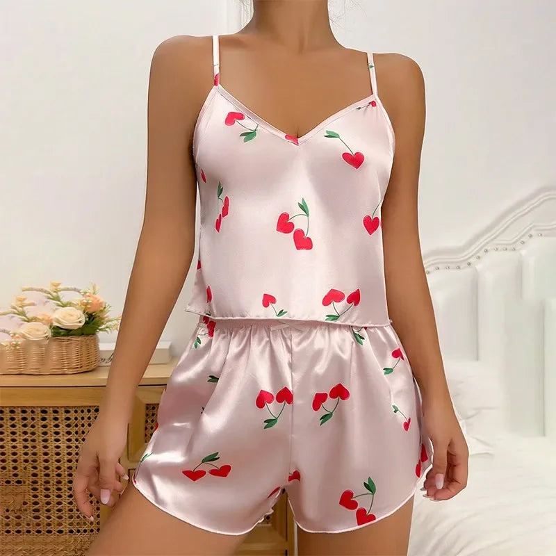 Women's Sleepwear Sexy Satin Pajama Set Cartoon Printing Pyjamas Sleeveless Cute Cami Top and Shorts