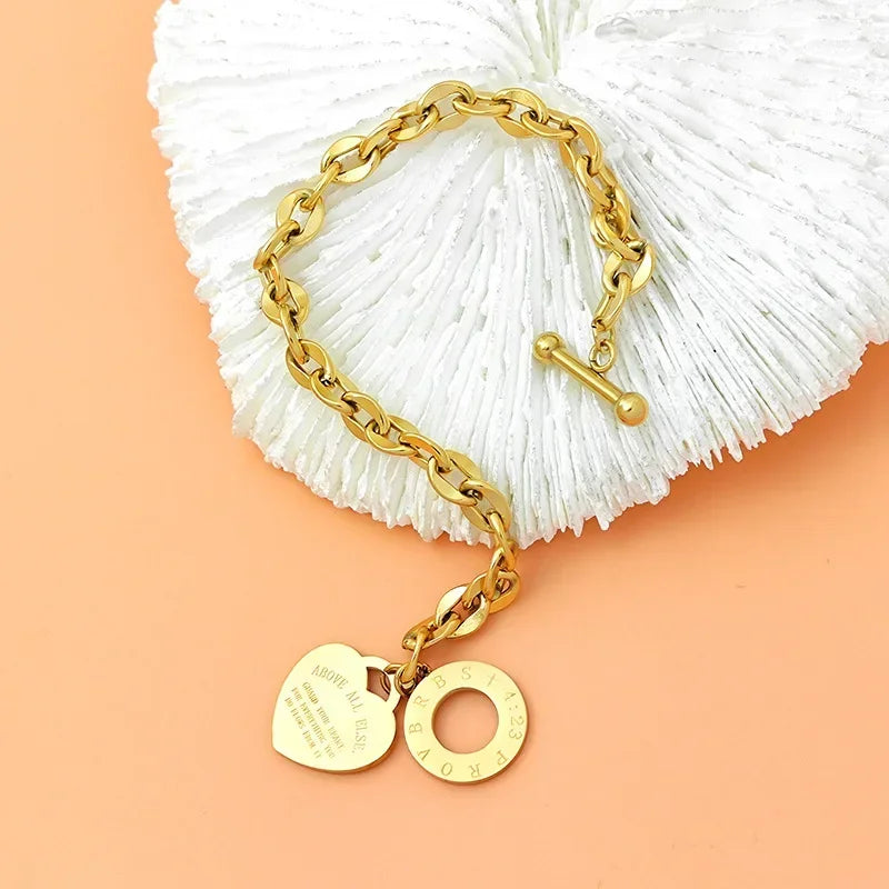 Korean Y2K Retro Stainless Steel Gold Plated Chain Heart Pendant Bracelet For Women Party Jewelry Set Beautiful Gifts