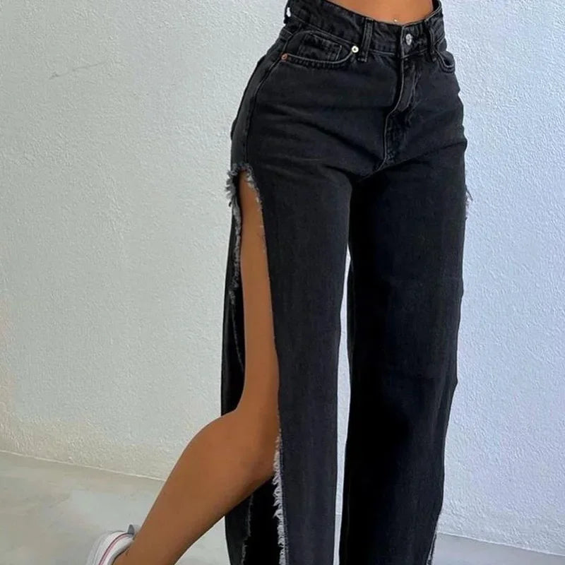 High Waisted Side Split Out Jeans Women Casual Loose Cargo Black Pants Streetwear Autumn Wide Leg Long Baggy Y2k Jeans XY23154SK