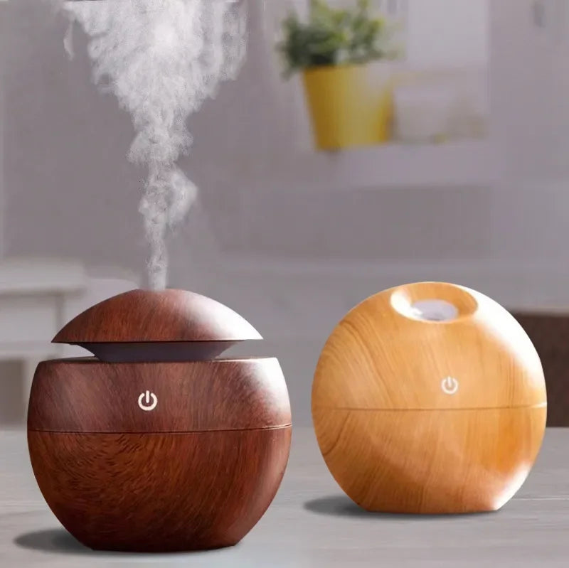 USB Aromatherapy Cool Mist Maker Dorm Room Essentials Wooden Grain Humidifier Colorful Night Light Diffuser