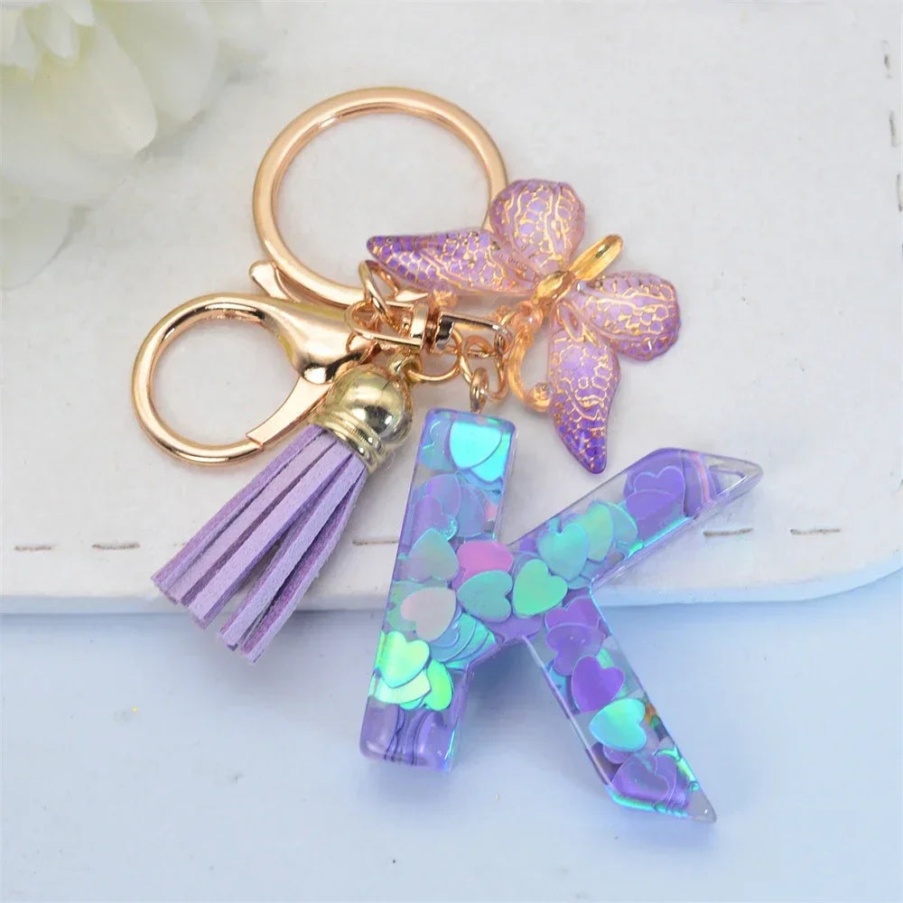 Purple Sequin Filled Name Keychain Butterfly Tassel 26 Alphabet Initials Keyrings Purse Wallet Handbag Ornament Women Girls Gift