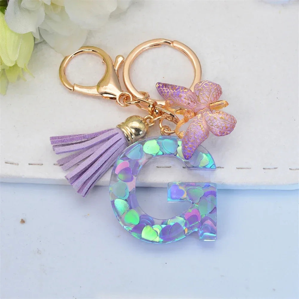 Purple Sequin Filled Name Keychain Butterfly Tassel 26 Alphabet Initials Keyrings Purse Wallet Handbag Ornament Women Girls Gift