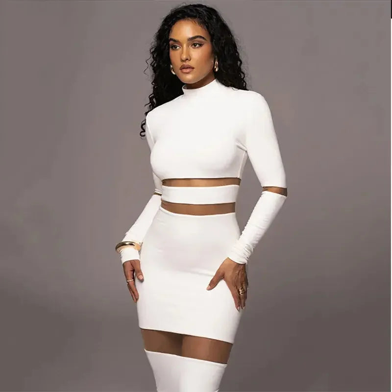 Sexy Lace Hollow Out Dress Women  Elegant Turtleneck Knitting Patchwork Dresses 2023 Autumn Evening Party Long Sleeve Vestido
