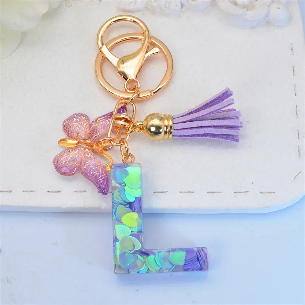 Purple Sequin Filled Name Keychain Butterfly Tassel 26 Alphabet Initials Keyrings Purse Wallet Handbag Ornament Women Girls Gift
