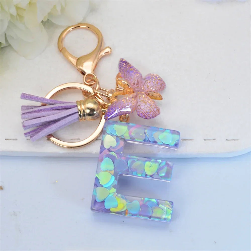 Purple Sequin Filled Name Keychain Butterfly Tassel 26 Alphabet Initials Keyrings Purse Wallet Handbag Ornament Women Girls Gift