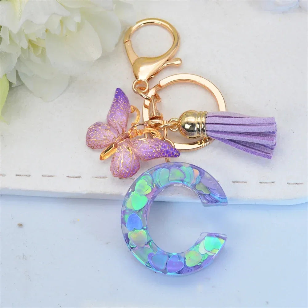 Purple Sequin Filled Name Keychain Butterfly Tassel 26 Alphabet Initials Keyrings Purse Wallet Handbag Ornament Women Girls Gift
