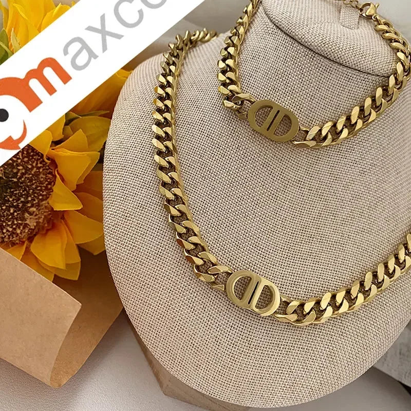 Cocoguchi golden color Thick Letter  Titanium Steel Necklace & Bracelet for Women four sealsonal wearage popular fashion jewelry