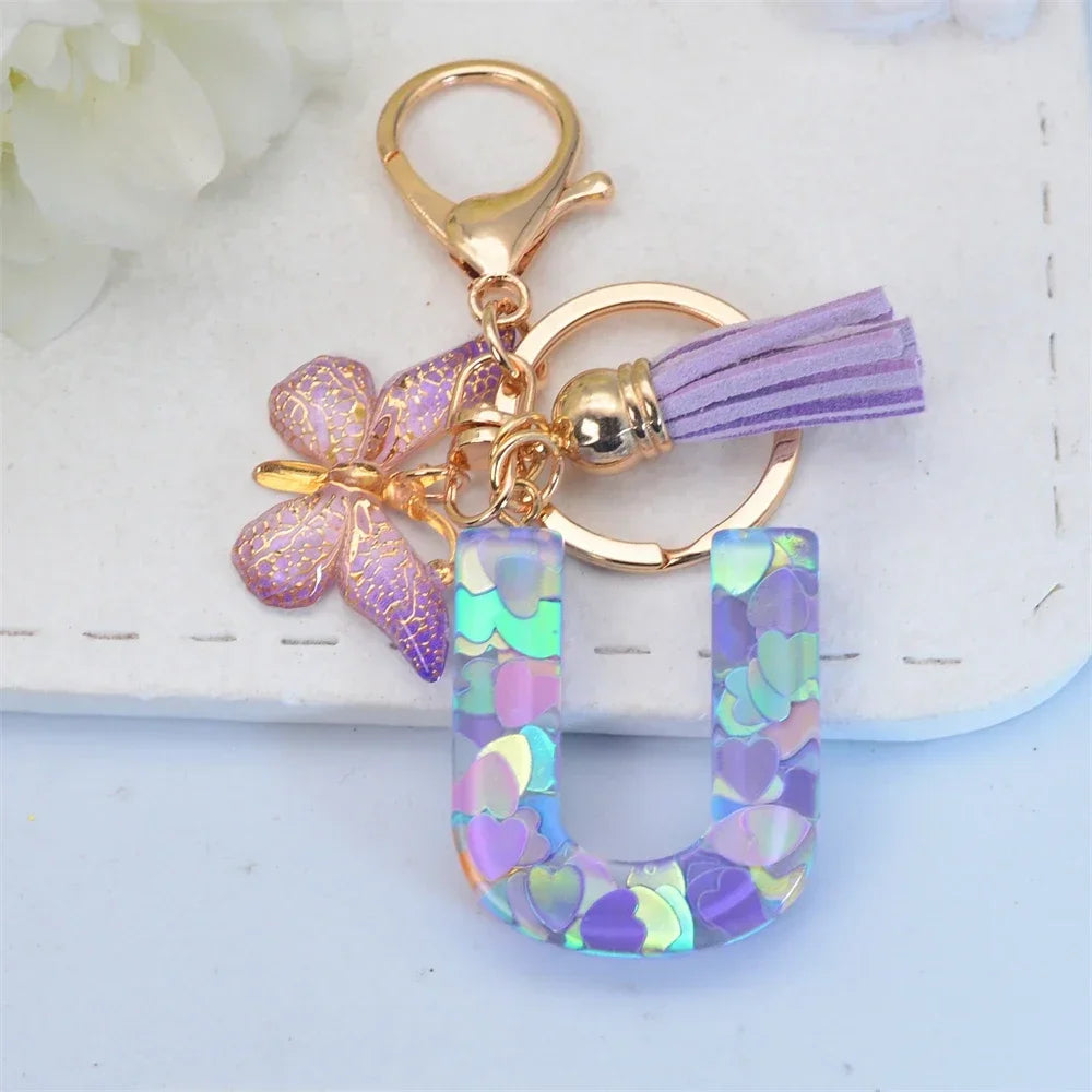 Purple Sequin Filled Name Keychain Butterfly Tassel 26 Alphabet Initials Keyrings Purse Wallet Handbag Ornament Women Girls Gift