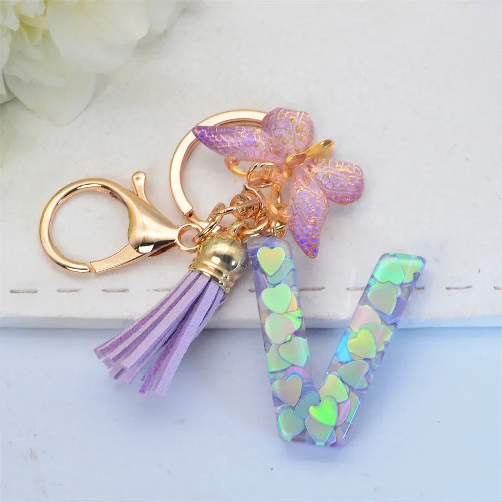 Purple Sequin Filled Name Keychain Butterfly Tassel 26 Alphabet Initials Keyrings Purse Wallet Handbag Ornament Women Girls Gift