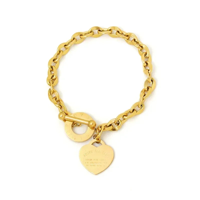 Korean Y2K Retro Stainless Steel Gold Plated Chain Heart Pendant Bracelet For Women Party Jewelry Set Beautiful Gifts