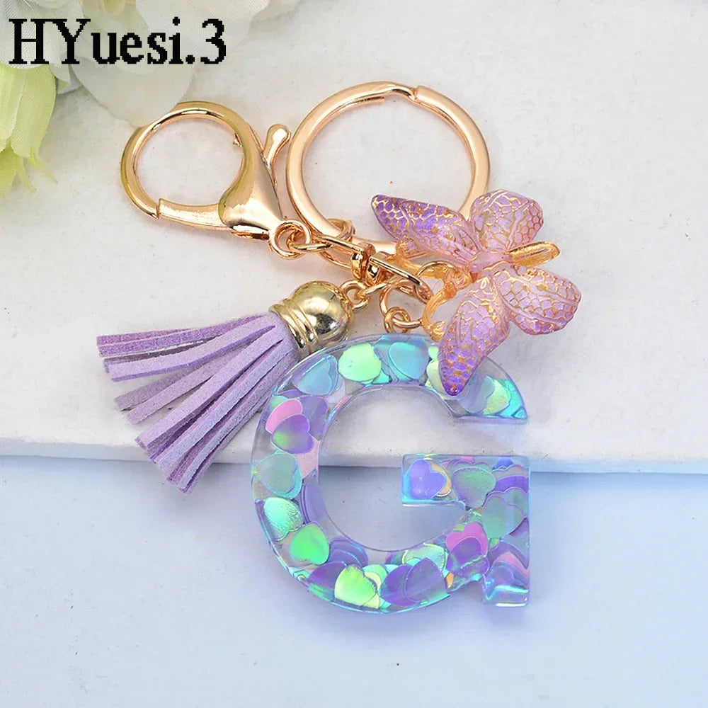 Purple Sequin Filled Name Keychain Butterfly Tassel 26 Alphabet Initials Keyrings Purse Wallet Handbag Ornament Women Girls Gift