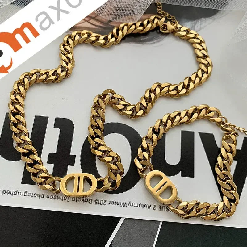 Cocoguchi golden color Thick Letter  Titanium Steel Necklace & Bracelet for Women four sealsonal wearage popular fashion jewelry