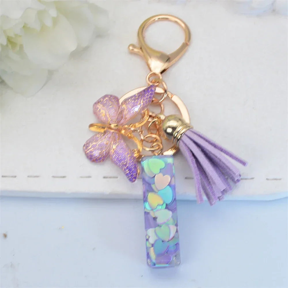 Purple Sequin Filled Name Keychain Butterfly Tassel 26 Alphabet Initials Keyrings Purse Wallet Handbag Ornament Women Girls Gift