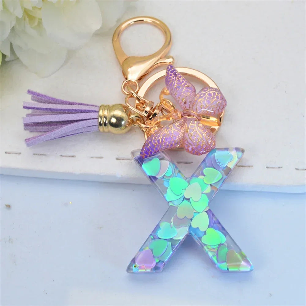 Purple Sequin Filled Name Keychain Butterfly Tassel 26 Alphabet Initials Keyrings Purse Wallet Handbag Ornament Women Girls Gift