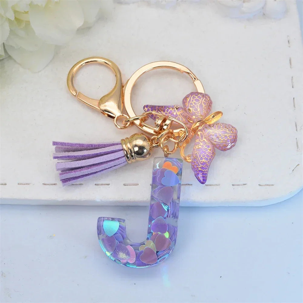 Purple Sequin Filled Name Keychain Butterfly Tassel 26 Alphabet Initials Keyrings Purse Wallet Handbag Ornament Women Girls Gift