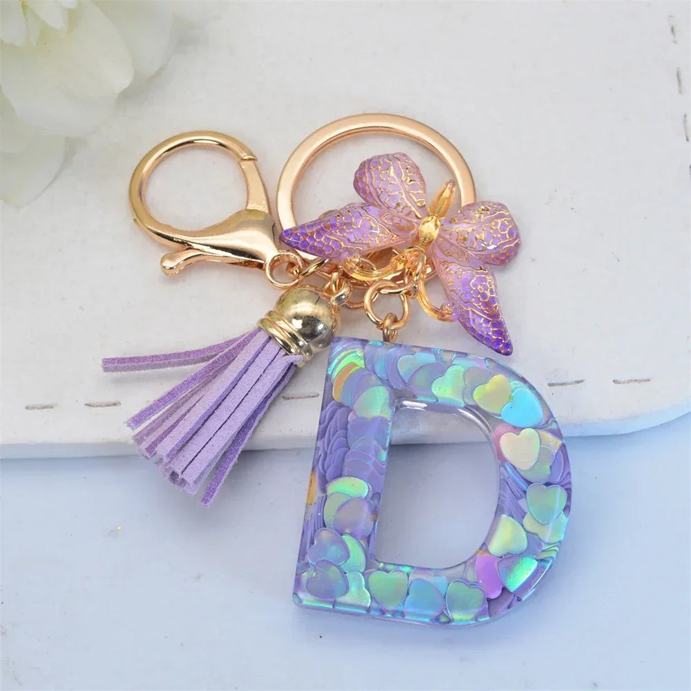 Purple Sequin Filled Name Keychain Butterfly Tassel 26 Alphabet Initials Keyrings Purse Wallet Handbag Ornament Women Girls Gift