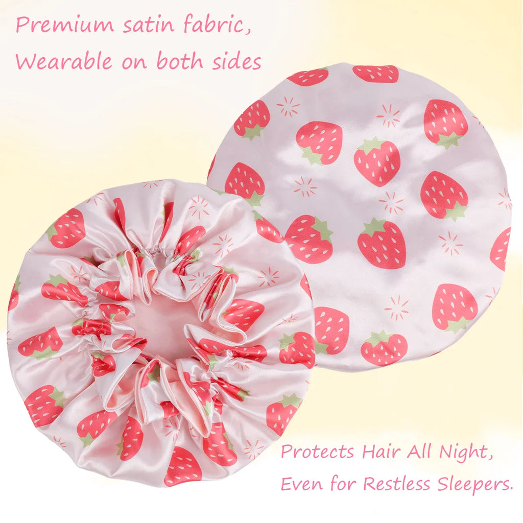 1 Piece Satin Silk Sleep Cap with Fruit Animal Print Double Layer Comfortable for Daily Use